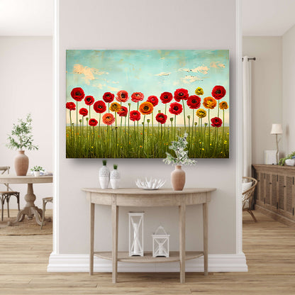 Levendige bloemen tegen blauwe lucht canvas met baklijst