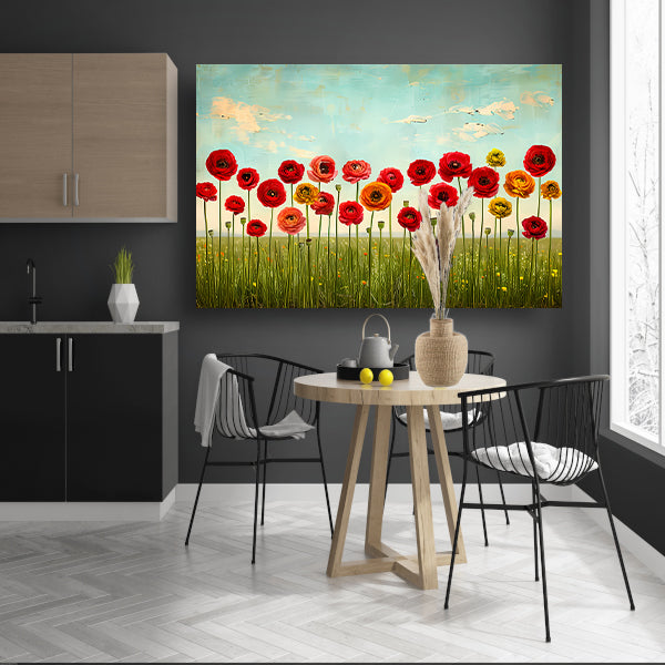 Levendige bloemen tegen blauwe lucht canvas met baklijst