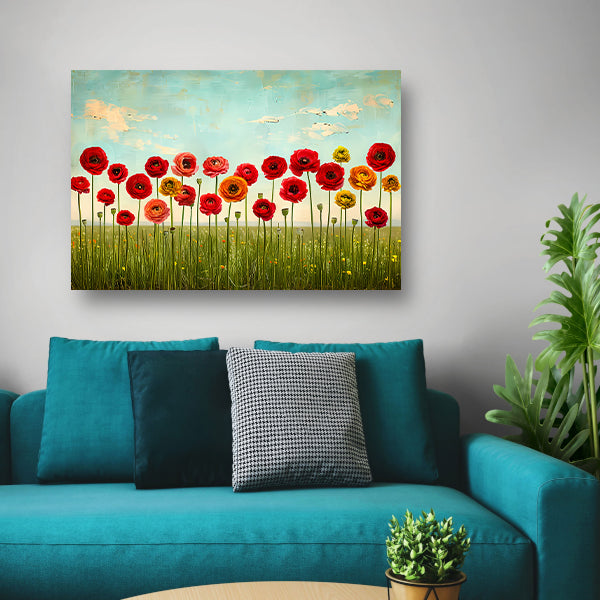 Levendige bloemen tegen blauwe lucht canvas met baklijst