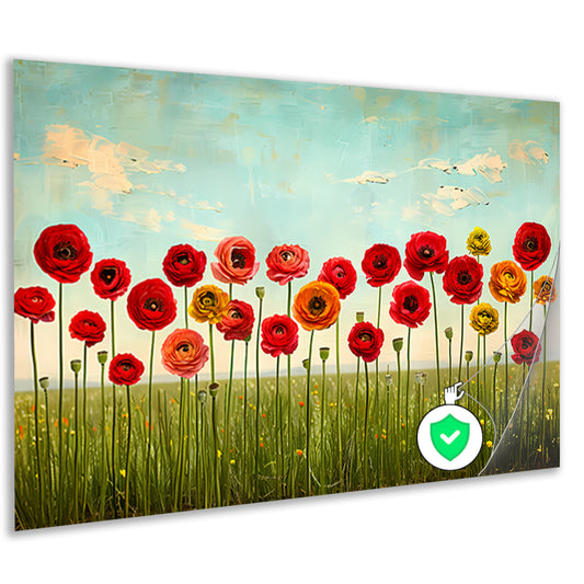 Levendige bloemen tegen blauwe lucht poster