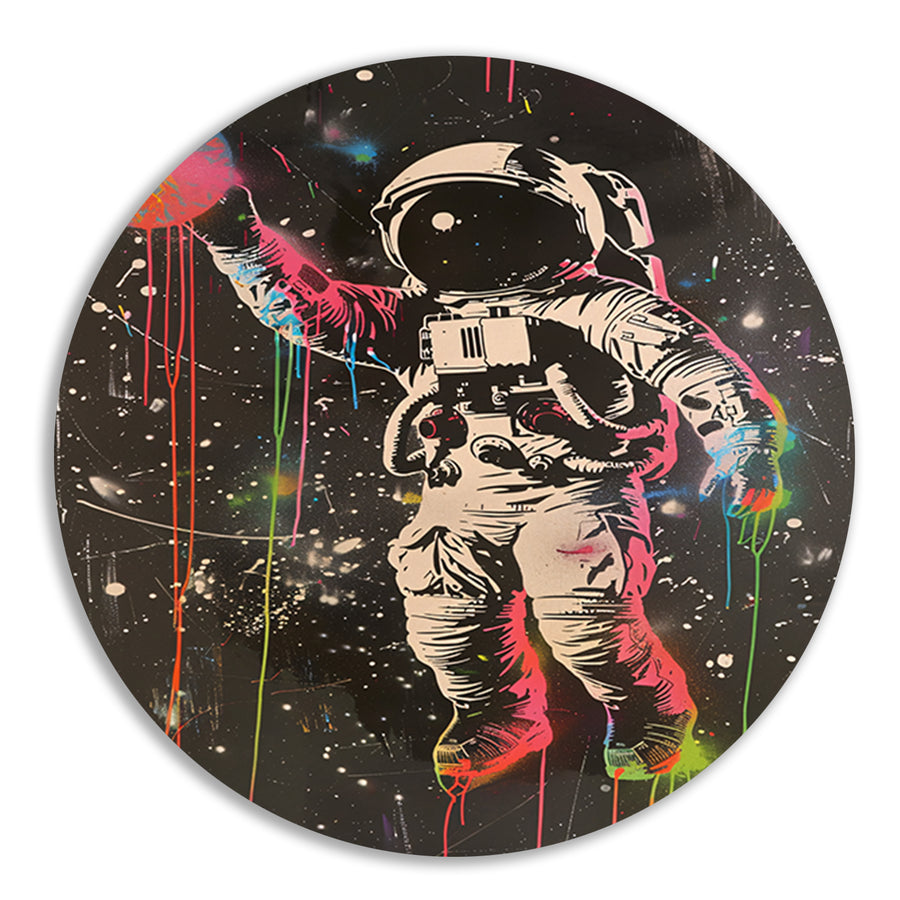 Astronaut Ontmoet Levendige Kleuren in de Ruimte forex muurcirkel