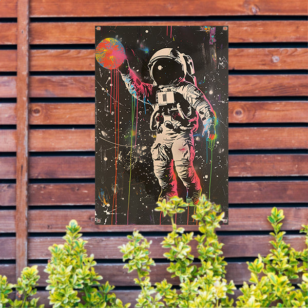 Astronaut Ontmoet Levendige Kleuren in de Ruimte tuinposter