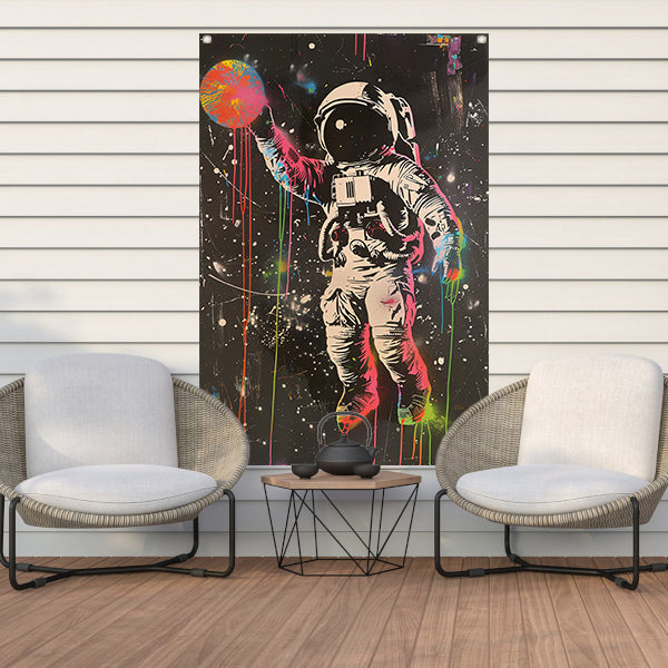 Astronaut Ontmoet Levendige Kleuren in de Ruimte tuinposter