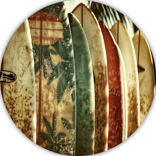 Sepia Surfplanken en Palmbladeren Collage aluminium muurcirkel