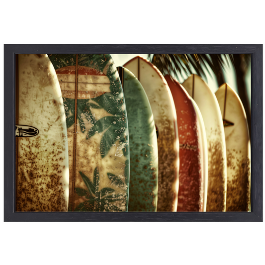 Sepia Surfplanken en Palmbladeren Collage canvas met baklijst