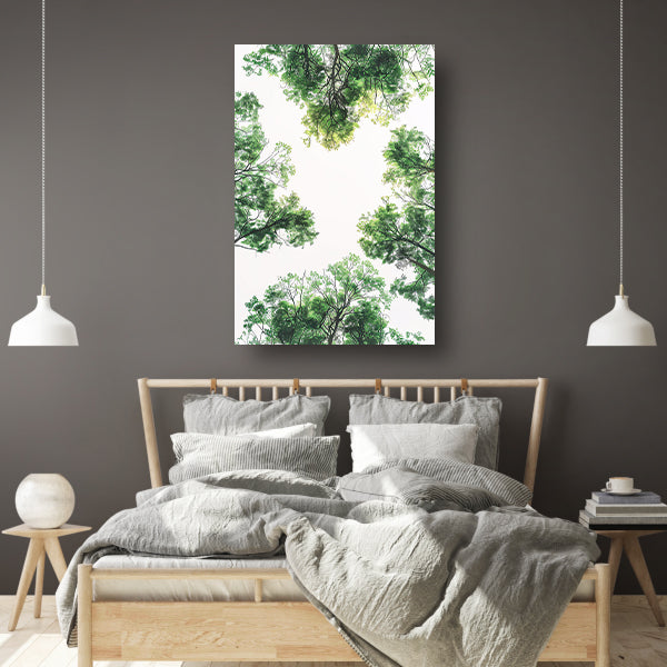 Zwart-wit foto van boomtoppen in het bos canvas