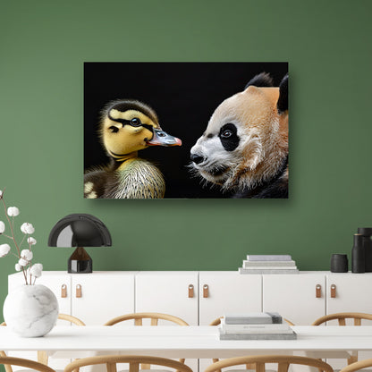 Pandababy en eendkuiken knuffelen canvas met baklijst