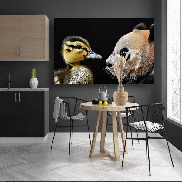 Pandababy en eendkuiken knuffelen canvas