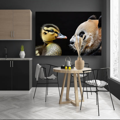Pandababy en eendkuiken knuffelen canvas
