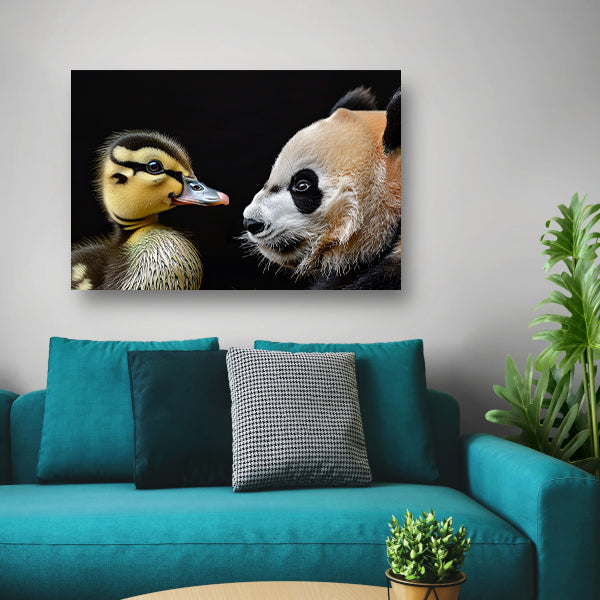 Pandababy en eendkuiken knuffelen poster