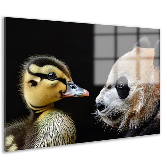 Pandababy en eendkuiken knuffelen acrylglas