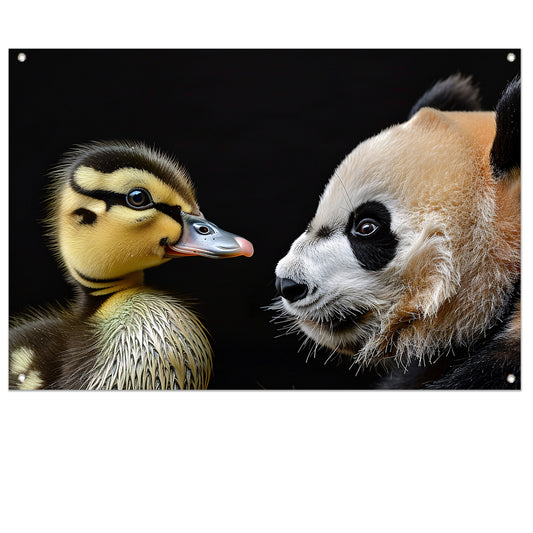 Pandababy en eendkuiken knuffelen tuinposter