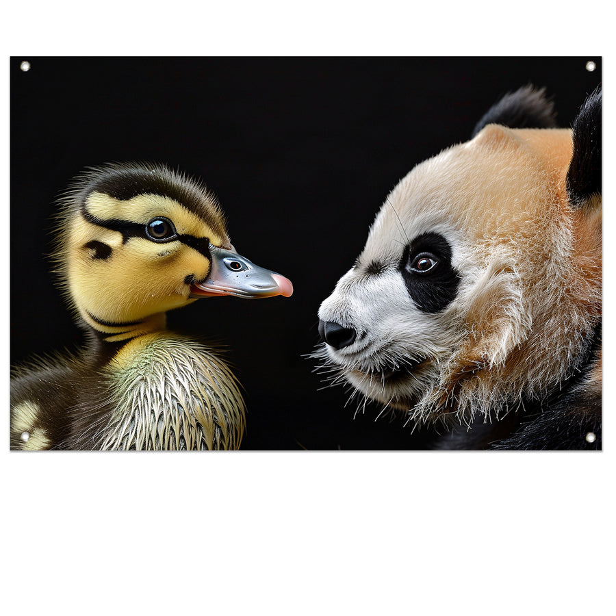 Pandababy en eendkuiken knuffelen tuinposter
