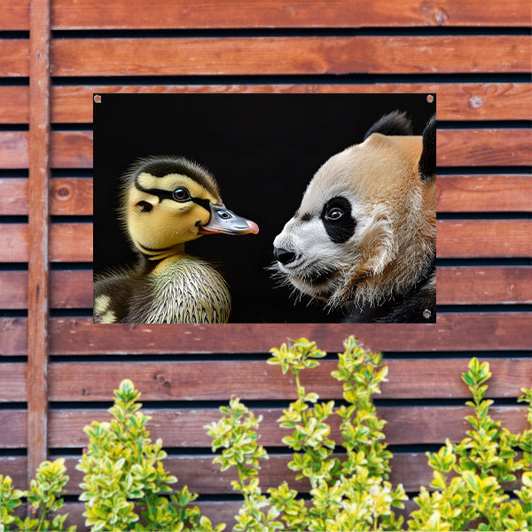 Pandababy en eendkuiken knuffelen tuinposter