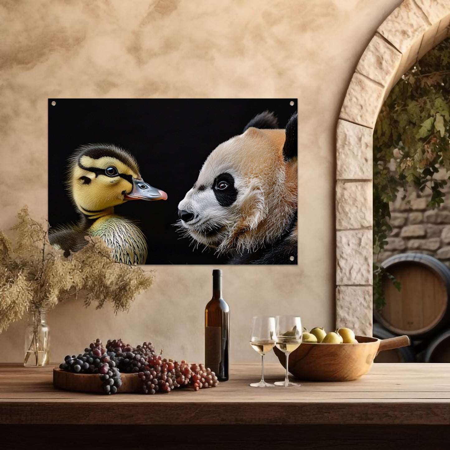Pandababy en eendkuiken knuffelen tuinposter