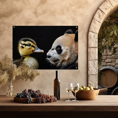 Pandababy en eendkuiken knuffelen tuinposter