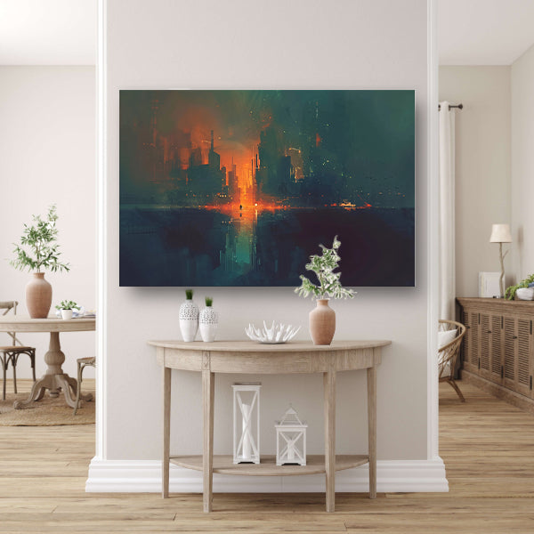 Futuristisch stadsgezicht bij zonsondergang acrylglas