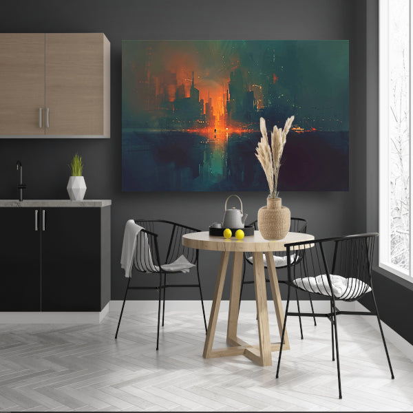 Futuristisch stadsgezicht bij zonsondergang acrylglas