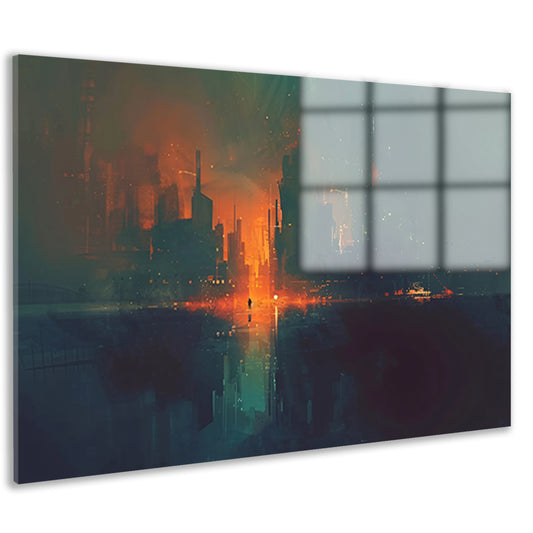 Futuristisch stadsgezicht bij zonsondergang acrylglas