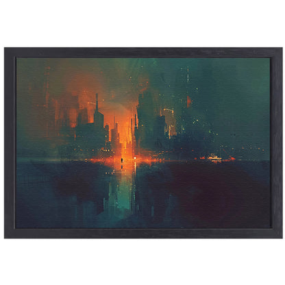 Futuristisch stadsgezicht bij zonsondergang canvas met baklijst