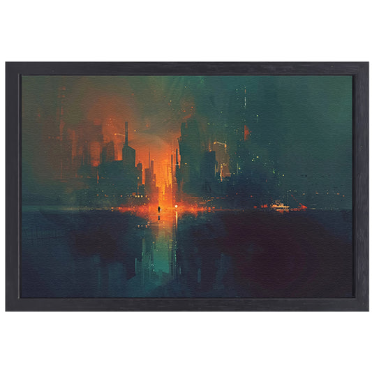 Futuristisch stadsgezicht bij zonsondergang canvas met baklijst