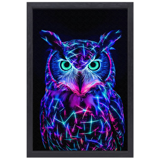 Neon uil met holografische kleuren  canvas met baklijst