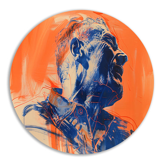 Abstract portret met dynamische kleuren aluminium muurcirkel