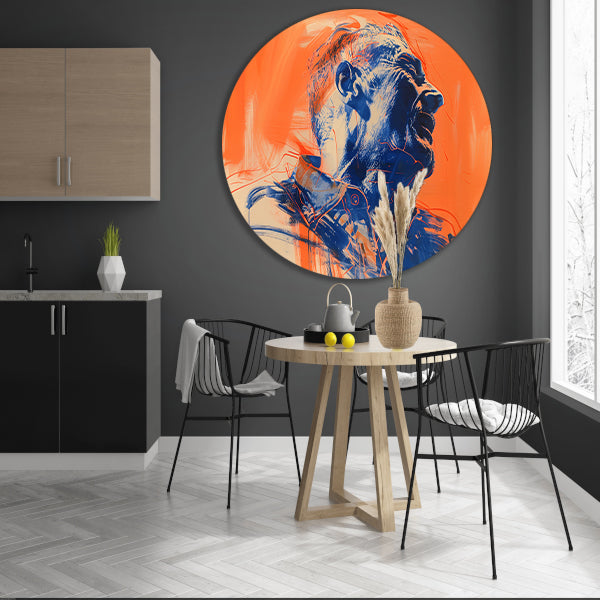 Abstract portret met dynamische kleuren aluminium muurcirkel