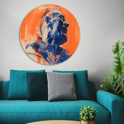 Abstract portret met dynamische kleuren aluminium muurcirkel