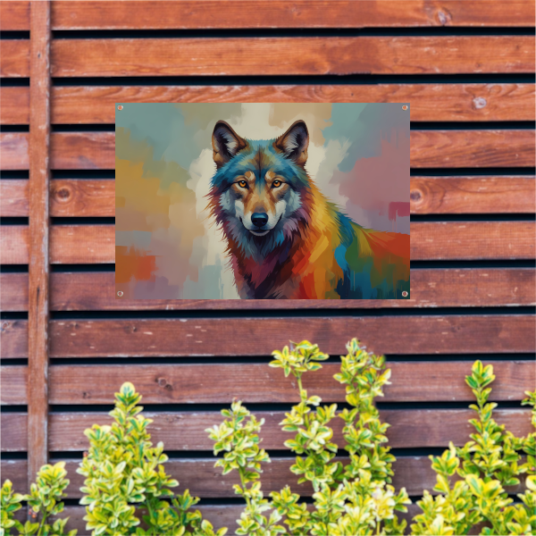 Abstracte kleurexplosie wolf portret tuinposter