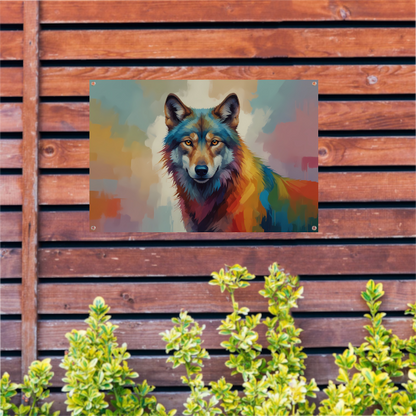 Abstracte kleurexplosie wolf portret tuinposter