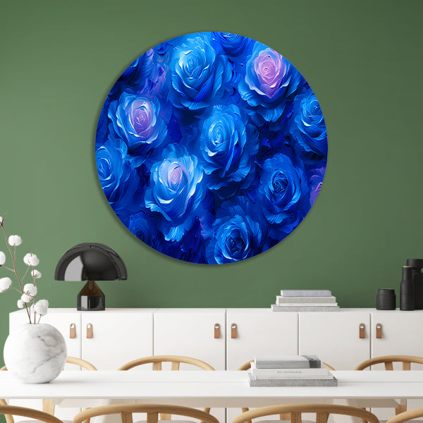 Abstracte kunst met blauwe rozen aluminium muurcirkel