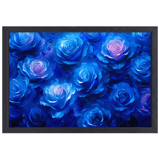 Abstracte kunst met blauwe rozen canvas met baklijst