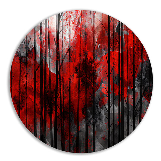 Abstract boslandschap met rode en zwarte kleuren aluminium muurcirkel