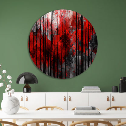 Abstract boslandschap met rode en zwarte kleuren aluminium muurcirkel