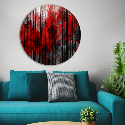 Abstract boslandschap met rode en zwarte kleuren aluminium muurcirkel