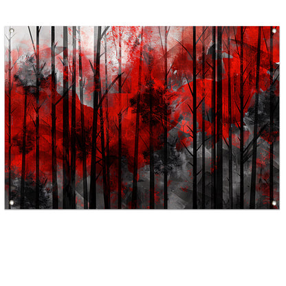 Abstract boslandschap met rode en zwarte kleuren tuinposter