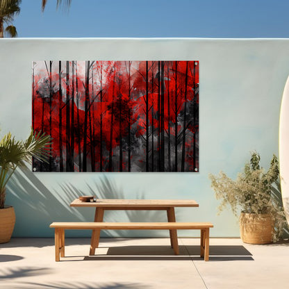 Abstract boslandschap met rode en zwarte kleuren tuinposter