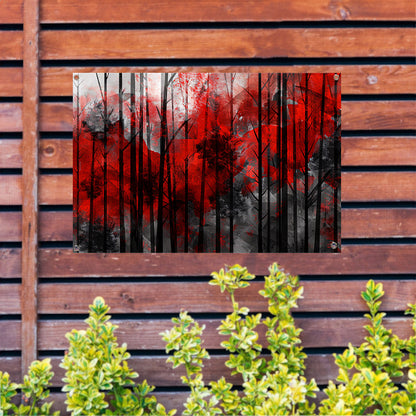 Abstract boslandschap met rode en zwarte kleuren tuinposter