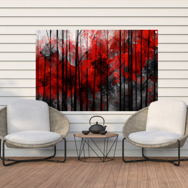 Abstract boslandschap met rode en zwarte kleuren tuinposter