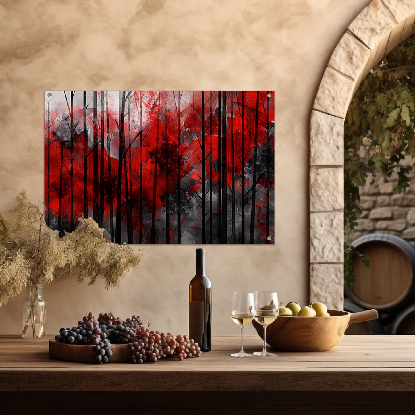 Abstract boslandschap met rode en zwarte kleuren tuinposter