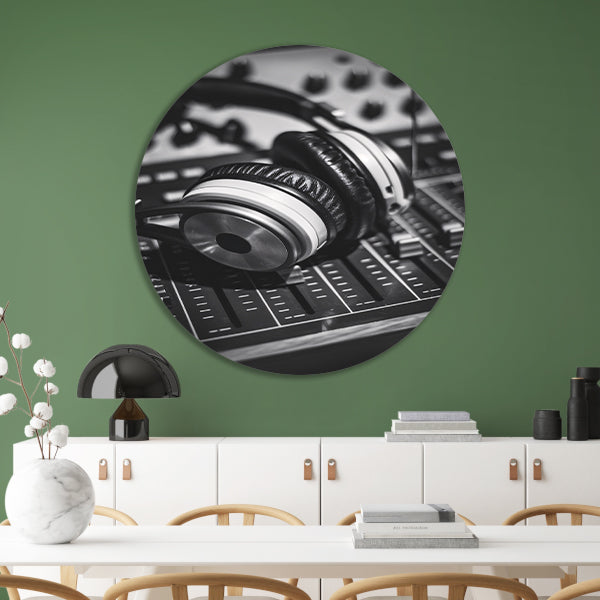 Zwart-wit foto studio koptelefoon aluminium muurcirkel