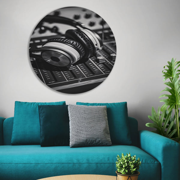 Zwart-wit foto studio koptelefoon aluminium muurcirkel