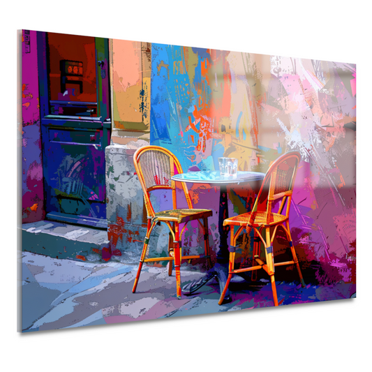 Minimalistisch interieur met twee stoelen en tafel acrylglas