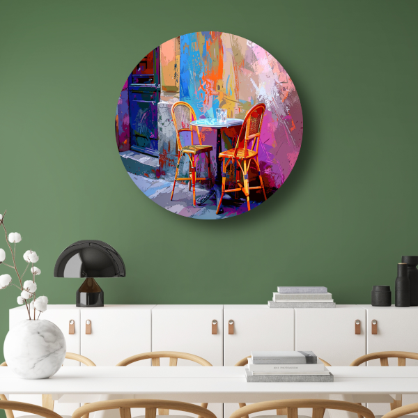 Minimalistisch interieur met twee stoelen en tafel forex muurcirkel
