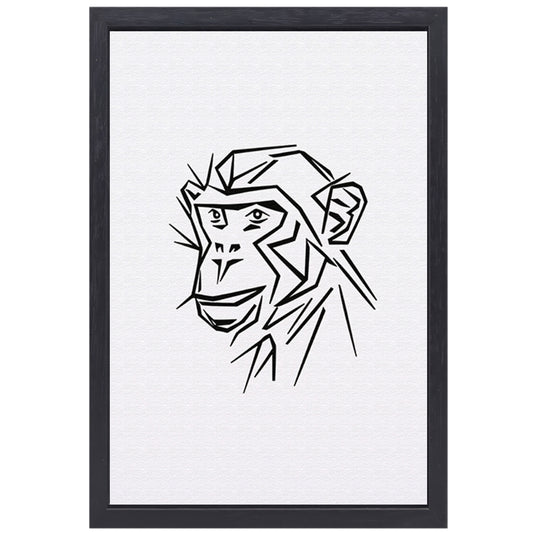 Strakke lijnen aap portret in zwart en wit canvas met baklijst