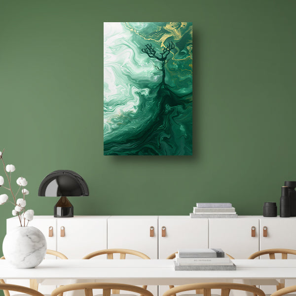 Abstracte boom in groen landschap canvas met baklijst