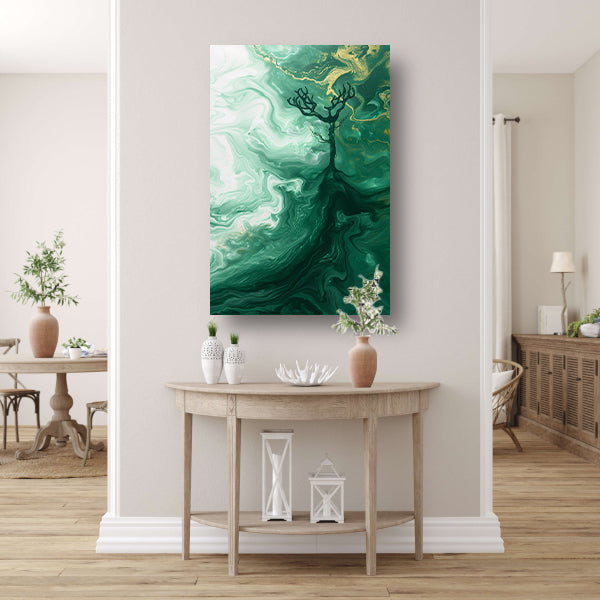 Abstracte boom in groen landschap canvas met baklijst