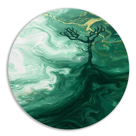 Abstracte boom in groen landschap aluminium muurcirkel