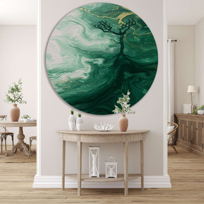 Abstracte boom in groen landschap aluminium muurcirkel